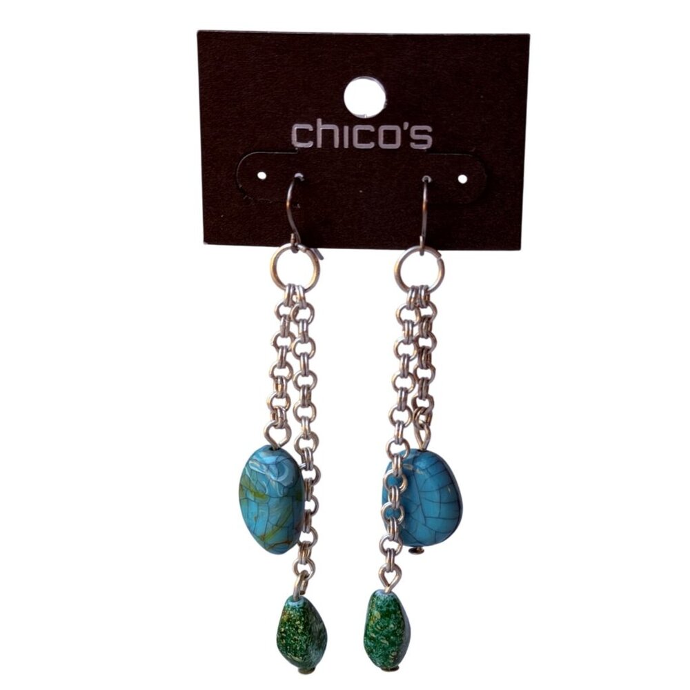 Chico's Vintage‎ Y2K Turquoise Green Stone Chain Earrings Long Boho Dangles NOS